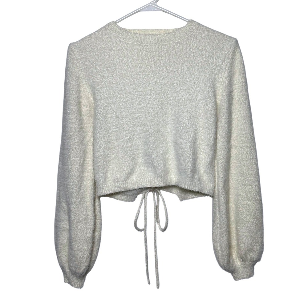 Altar'd State Womens Cream Fuzzy Cropped Open Back Tie Sweater Size XS